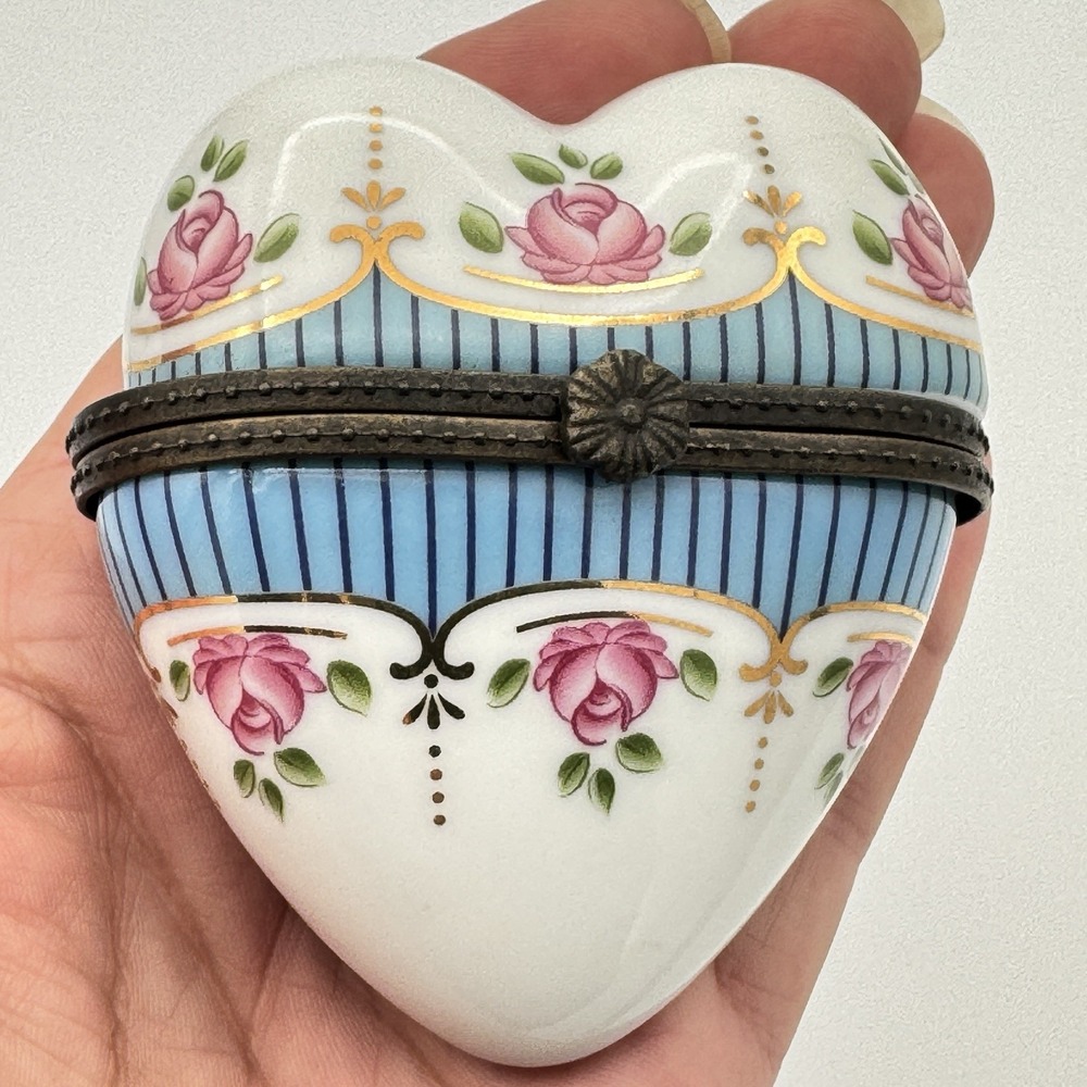 Vintage Porcelain Heart Trinket Box Pink Rose Blue Stripe Needs Repair